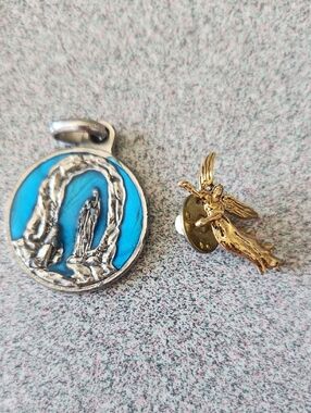 Religious Medal Pendant with Blue Enamel and Gold Angel Pin